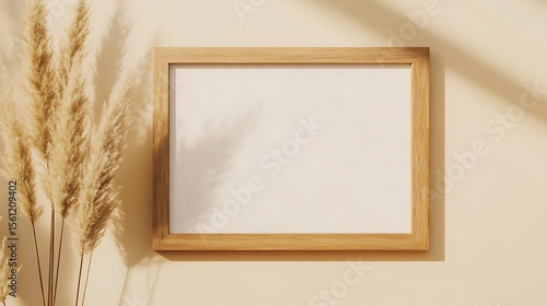 A wooden frame with a blank white interior hanging on a wall next to pampas grass decoration