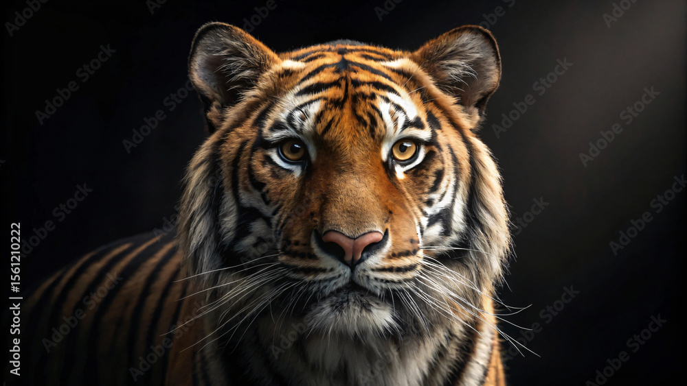 Fototapeta premium Close-up portrait of a majestic Bengal tiger with striking black stripes and intense eyes, showcasing the wild feline's powerful head and dangerous beauty 