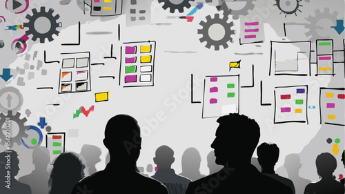 Silhouetted audience viewing a whiteboard with flowcharts and gears in a presentation setting