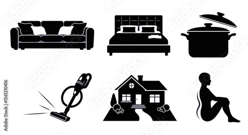 Illustrative icons showcasing furniture, cooking, cleaning, and domestic life representations in a layout
