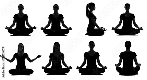 Multiple silhouettes of a woman in lotus position performing yoga and meditation poses in a grid pattern