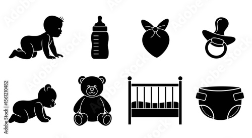 Infant care items featuring baby crawling, bottle, bib, pacifier, teddy bear, crib, and diaper icons