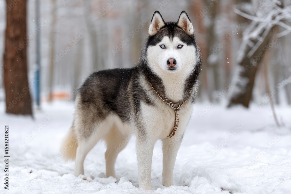 A Siberian Husky dog stands in a snowy woodland setting wearing a silver chain collar A Siberian Husky dog stands in a snowy woodland setting wearing a silver chain collar
