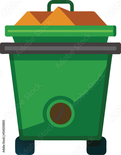 Illustration of a green compost bin with a lid on a clean white background