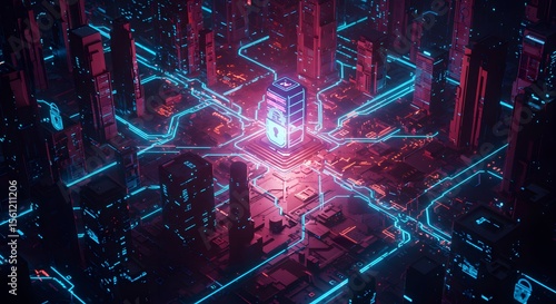 Digital fortress concept with a luminous padlock on a central data hub, securing a futuristic neon city network. Illustrates cybersecurity and information safety.
