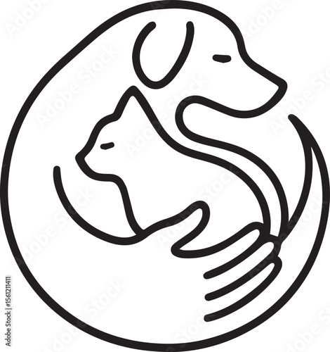 A black and white line art illustration of a dog and a cat held in loving arms
