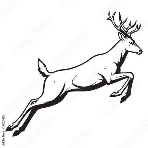 A graceful black and white illustration of a jumping buck deer silhouette against white