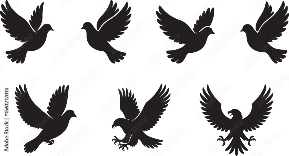 Obraz premium Silhouettes of flying pigeons and eagles representing concepts of freedom and peace and strength