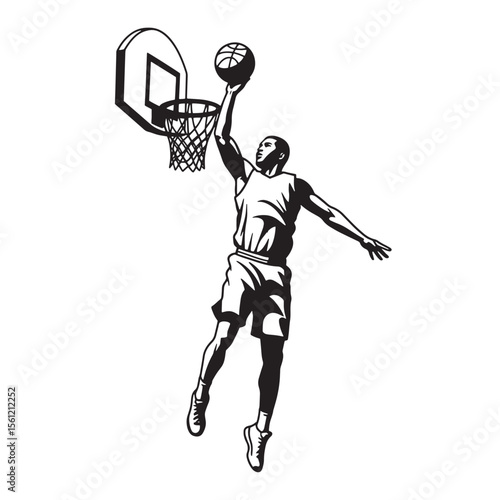 Black and white illustration of a basketball player shooting for a slam dunk with a ball