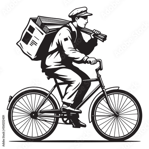 Black and white illustration of a delivery man cycling a bicycle with packages on his back