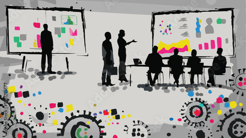 Silhouetted figures attend a presentation with charts and graphs on screens and gears in the foreground