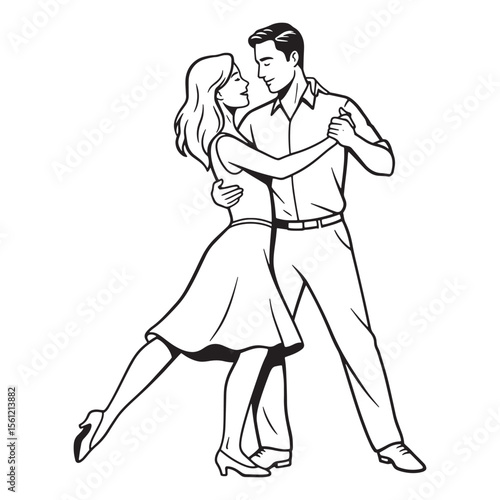 Elegant black and white illustration of a couple gracefully dancing together with love