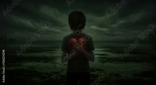 Melancholic digital art of a sad child in a gloomy marsh, clutching a luminous, cracked heart, symbolizing profound emotional pain, loss, and loneliness.