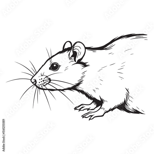 Hand drawn line art illustration of a curious rat rodent on a white background