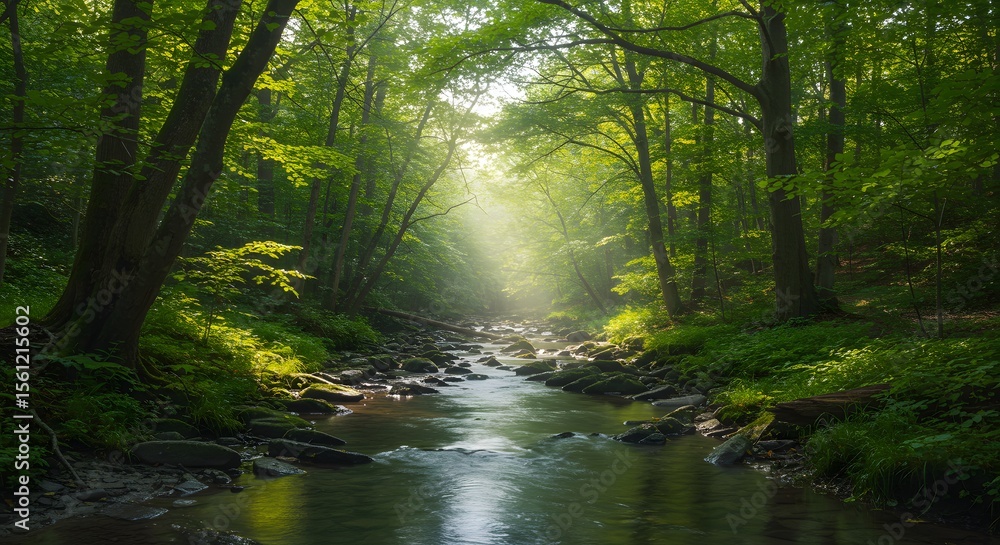 Fototapeta premium Sunlit Stream Winding Through Lush Green Forest