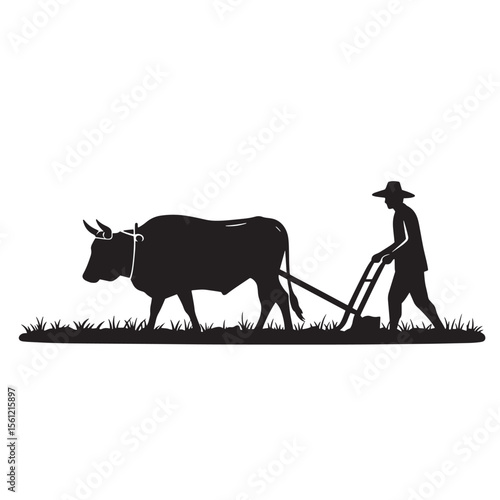 Silhouette illustration of a farmer plowing a field with an ox in agriculture