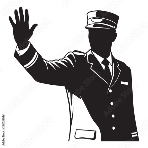 Silhouette of a bellhop gesturing with raised hand in a classic hotel uniform