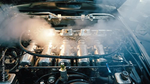 Close-up view of a car engine with steam rising, showcasing intricate mechanical parts and details