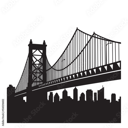 Silhouette of a new york city bridge and skyline in a clean black and white design