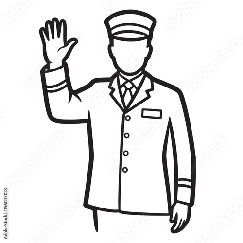 Simple line drawing of a valet or doorman waving welcoming someone with gesture