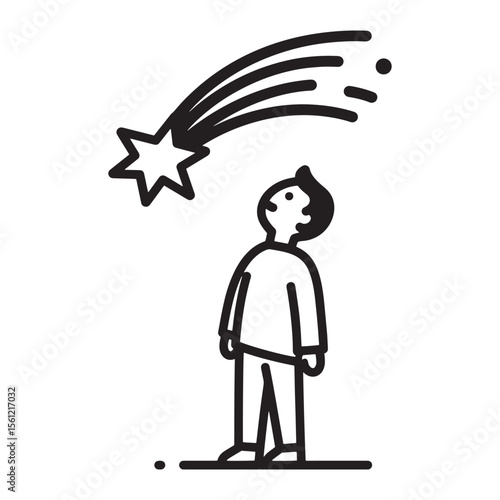 Simple line illustration of a person gazing up at a falling star in the night sky