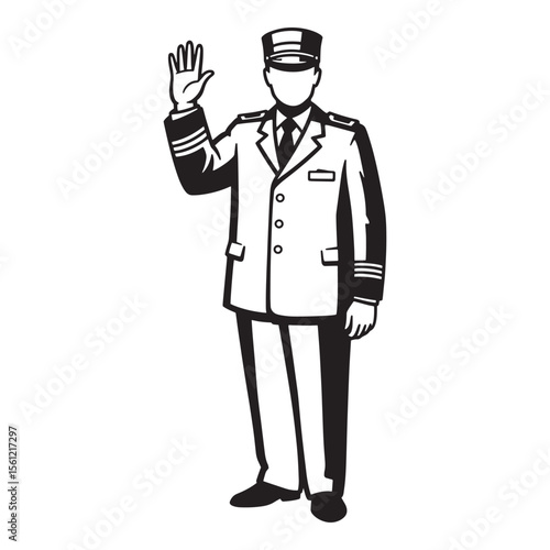 Stylized illustration of a uniformed man raising hand in greeting or salute