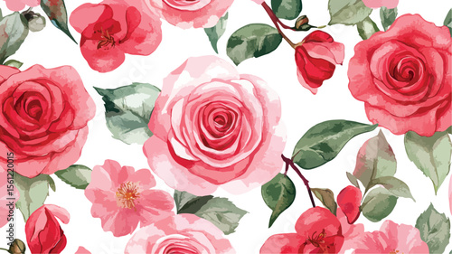 Elegant floral pattern with pink roses and leaves on white background