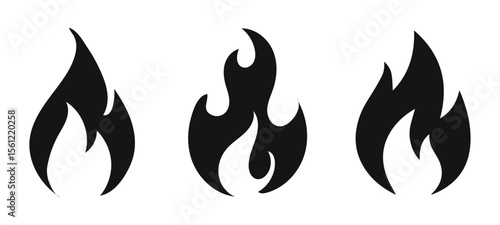 Fire icon set flames flammable sign symbol vcetor buttons heat light ignite burning hot silhouette flat illustration