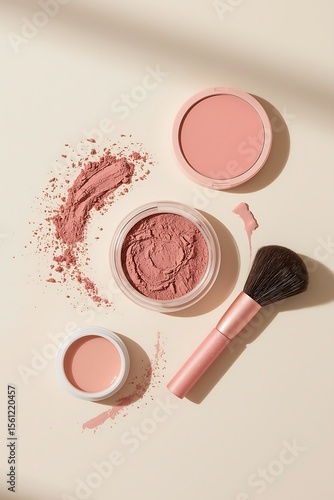 Overhead view of pink powder blush in compact and jar with a makeup brush and scattered powder on a neutral background with soft shadows