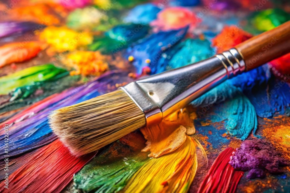 Fototapeta premium A paintbrush is sitting on a table with a variety of colorful paint