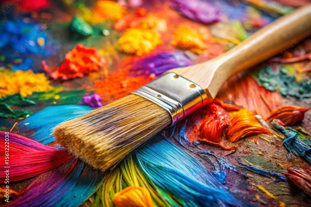 Fototapeta premium A paintbrush is sitting on a table with a variety of colorful paint