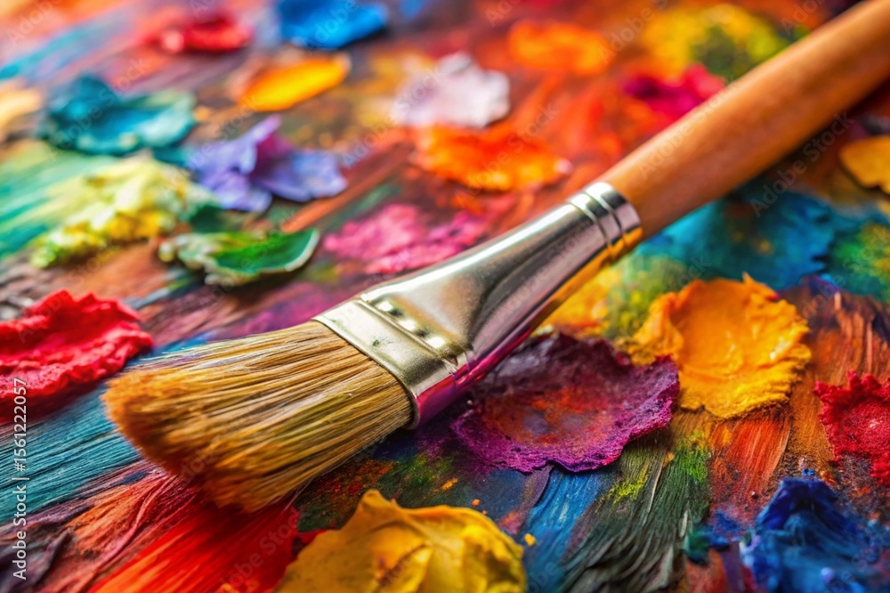 Fototapeta premium A paintbrush is sitting on a table with a variety of colorful paint