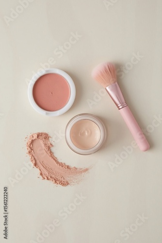 Flat lay of makeup products including a pink blush compact a jar of foundation and a soft pink makeup brush with powder swatch