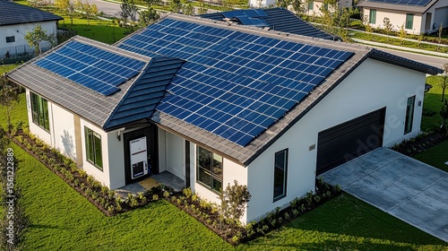 Aerial view residential solar installation modern home rooftop photovoltaic panels suburban neighborhood sustainable energy system