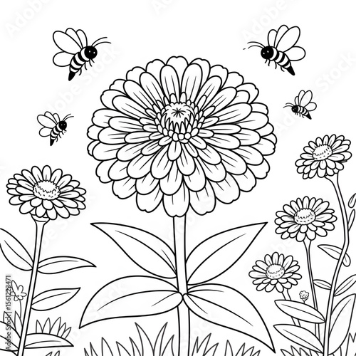 Illustration vector of a zinnia flower line drawing coloring page