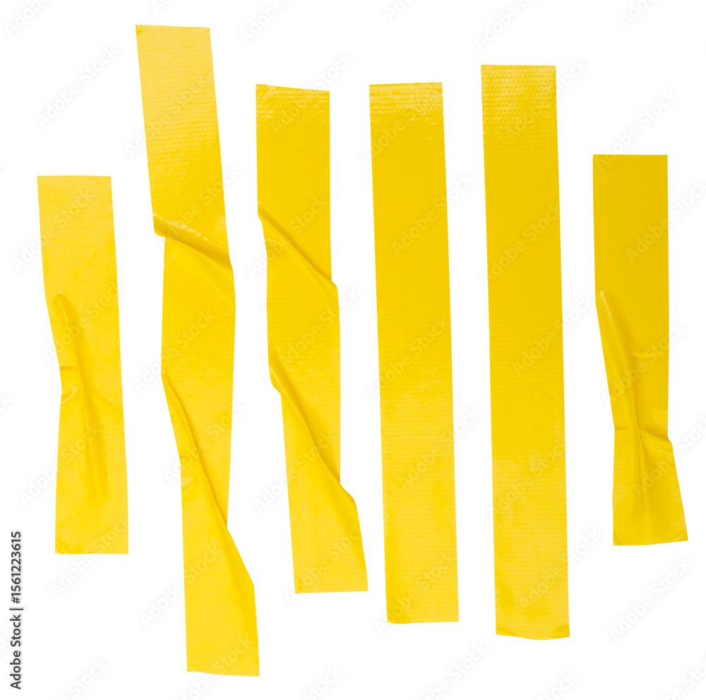 Top view set of wrinkled or crumpled yellow adhesive vinyl tape or cloth tape in stripes shape in vertical isolated with clipping path in png file format Top view set of wrinkled or crumpled yellow adhesive vinyl tape or cloth tape in stripes shape in vertical isolated with clipping path in png file format