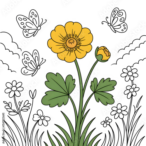 Buttercup line drawing illustration vector