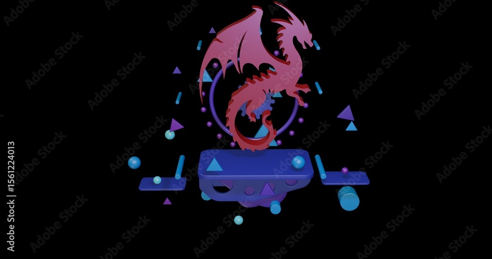 Obraz premium Red dragon symbol on a pedestal of abstract geometric shapes floating in the air. Abstract concept art with flying shapes in the center. 3d illustration on black background