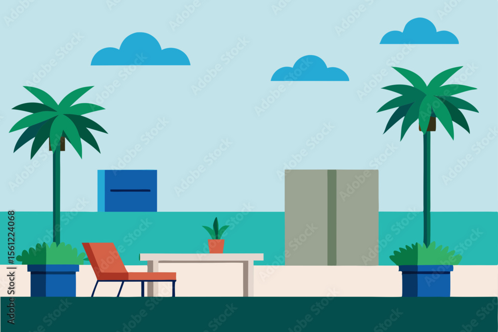 Fototapeta premium Serene Tropical Patio Relaxing Outdoor Oasis Design Illustration