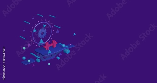 Pink dumbbell symbol on a pedestal of abstract geometric shapes floating in the air. Abstract concept art with flying shapes on the left. 3d illustration on deep purple background