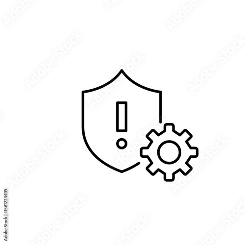 Shield, exclamation mark and cogwheel. Security alert settings, risk management configuration, system protection controls, threat response setup, cybersecurity monitoring. Pixel perfect, editable stro