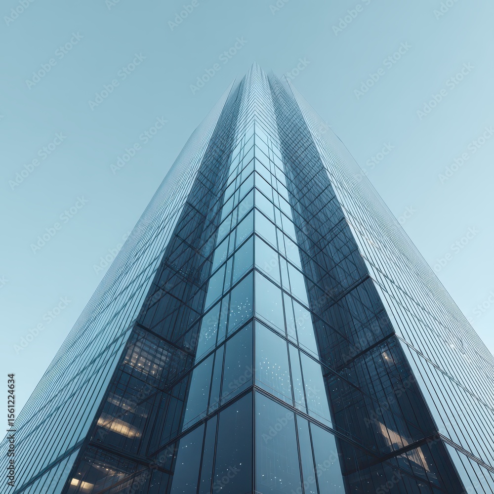 A low-angle shot of a sleek, glass skyscraper piercing a pale blue sky, showcasing its geometric facade and reflective surfaces A low-angle shot of a sleek, glass skyscraper piercing a pale blue sky, showcasing its geometric facade and reflective surfaces