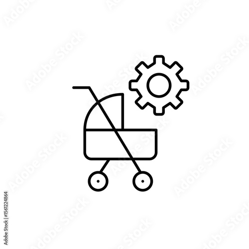 Baby stroller and cogwheel. Parental controls, child safety settings, baby monitoring configuration, age-restricted access, kid-friendly system setup. Pixel perfect, editable vector icon
