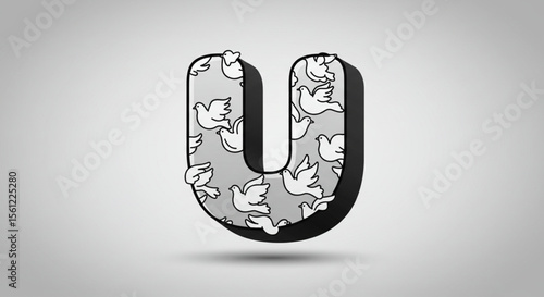 Stylized capital letter U with a pattern of white doves. 3D alphabet font illustration symbolizing peace and freedom.