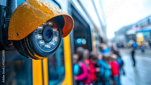 Close-up of a surveillance camera monitoring children boarding on school bus
