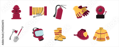 Firefighter Equipment, Firefighter Tool and Protective Gear. firefighter equipment including helmets, gloves, boots, and other tools. Firefighter Vector Set
