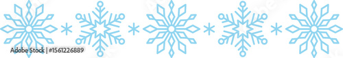 Winter snow icon divider with blue snowflakes on a white background. Festive Christmas banner, New Year card. Symbol of frosty whether and happy holidays. Vector illustration
