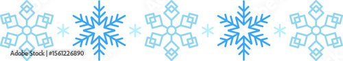 Winter snow icon divider with blue snowflakes on a white background. Festive Christmas banner, New Year card. Symbol of frosty whether and happy holidays. Vector illustration