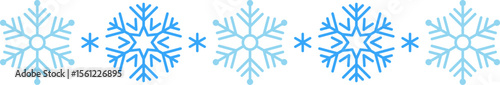 Winter snow icon divider with snowflakes frosty on a white background. Festive Christmas banner, New Year card. Symbol of blue whether and happy holidays. Vector illustration