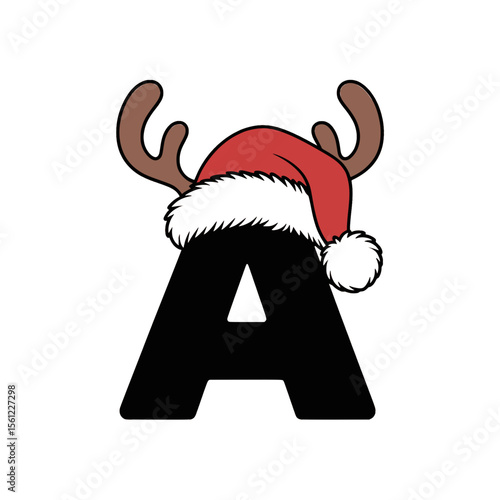 Festive Letter A with Reindeer Antlers and Santa Hat, Playful letter A illustration featuring reindeer antlers and a red Santa hat, perfect for Christmas, winter holidays, and seasonal designs.

